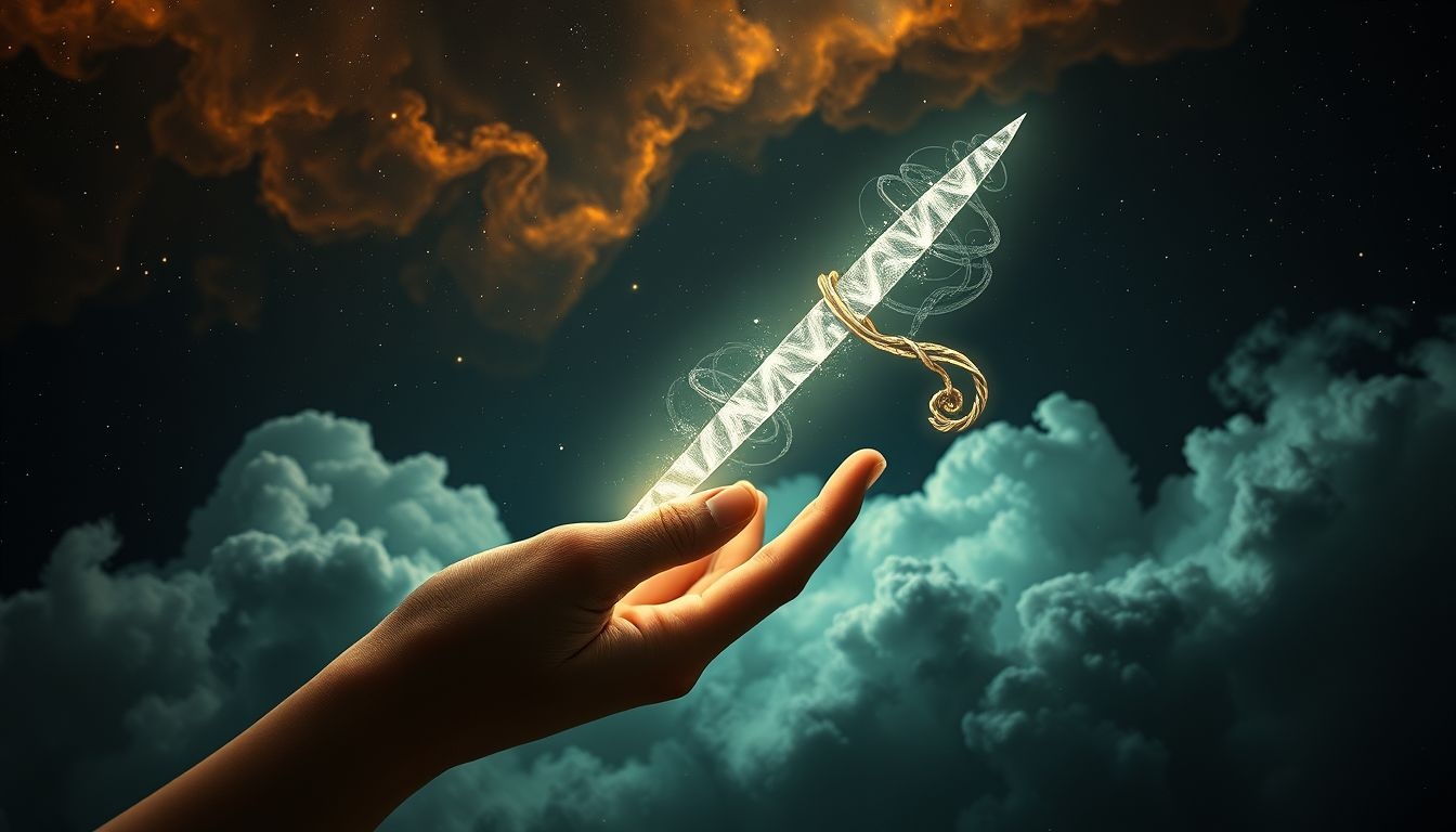 Dromend over een dolk vasthouden symboliseert innerlijke conflicten en keuzes.