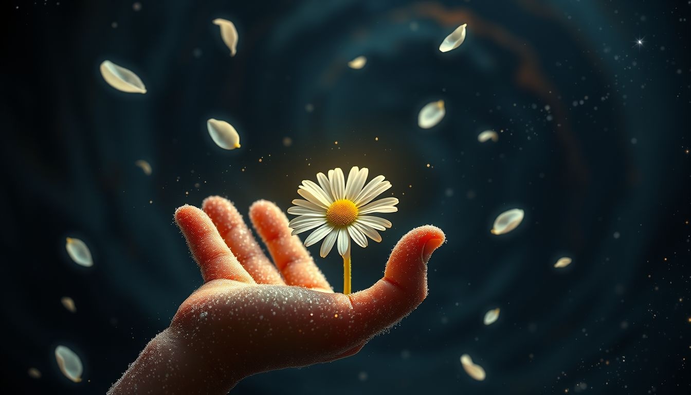 Een madeliefje in hand symboliseert onschuld en nieuwe kansen.