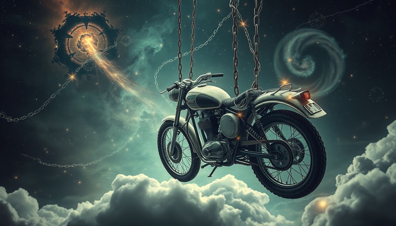 Een oude motorfiets symboliseert angst voor verandering en stilstand.