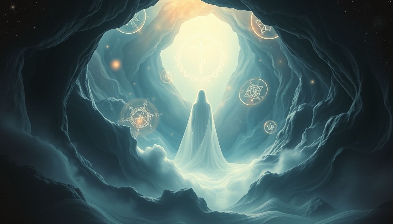 Een mysticus in een grot symboliseert innerlijke wijsheid en transformatie.