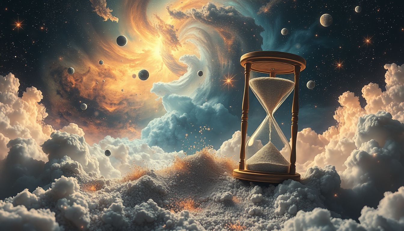 Een kapotte zandloper symboliseert het verlies van kostbare tijd.