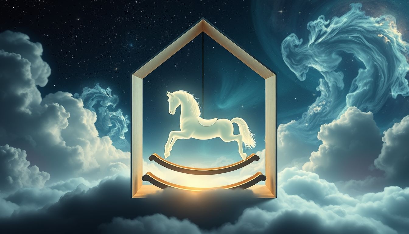 Een schommelpaard in een leeg huis symboliseert verloren jeugdherinneringen.