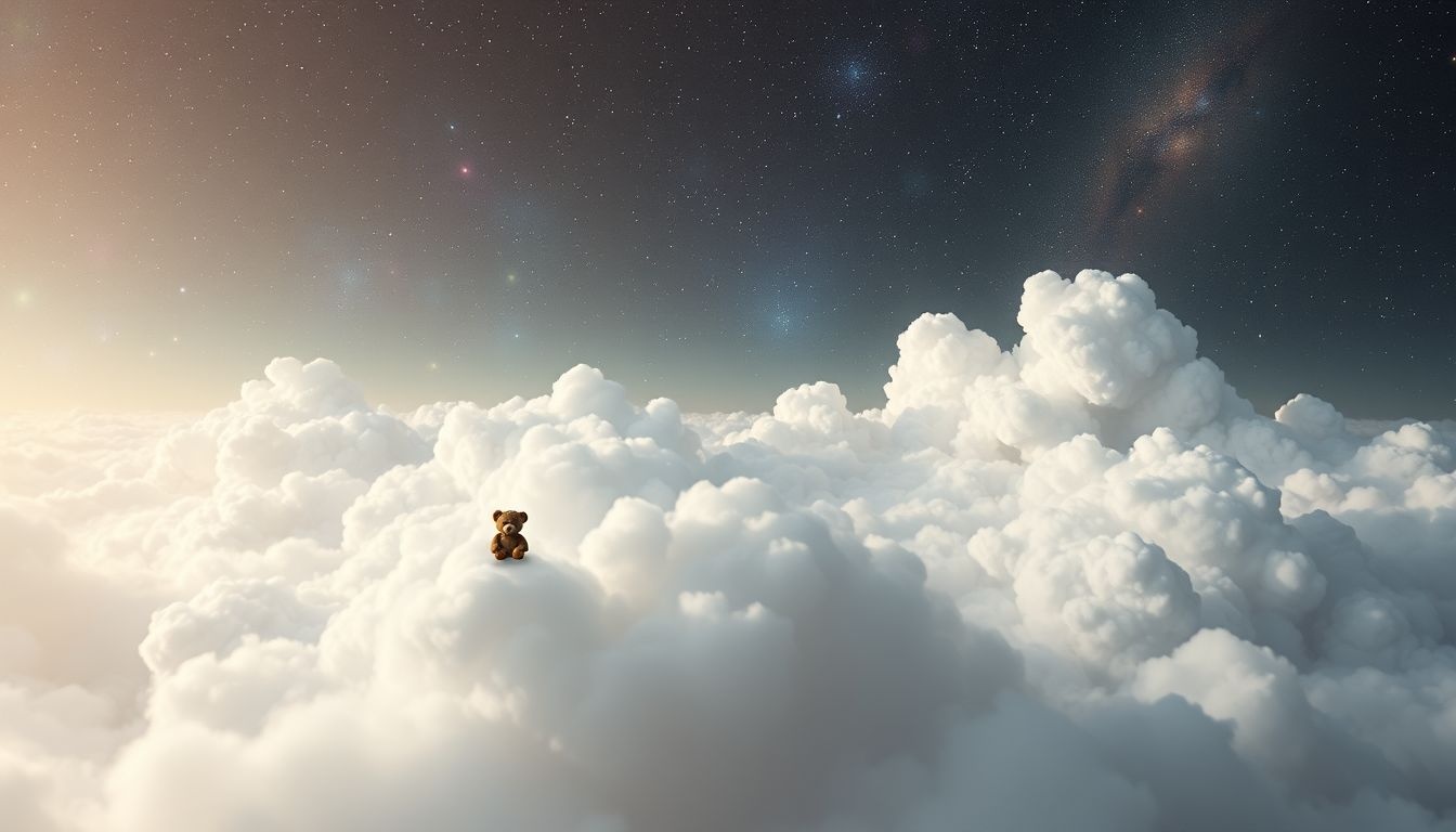 Een te kleine knuffelbeer symboliseert gemiste comfort en bescherming.