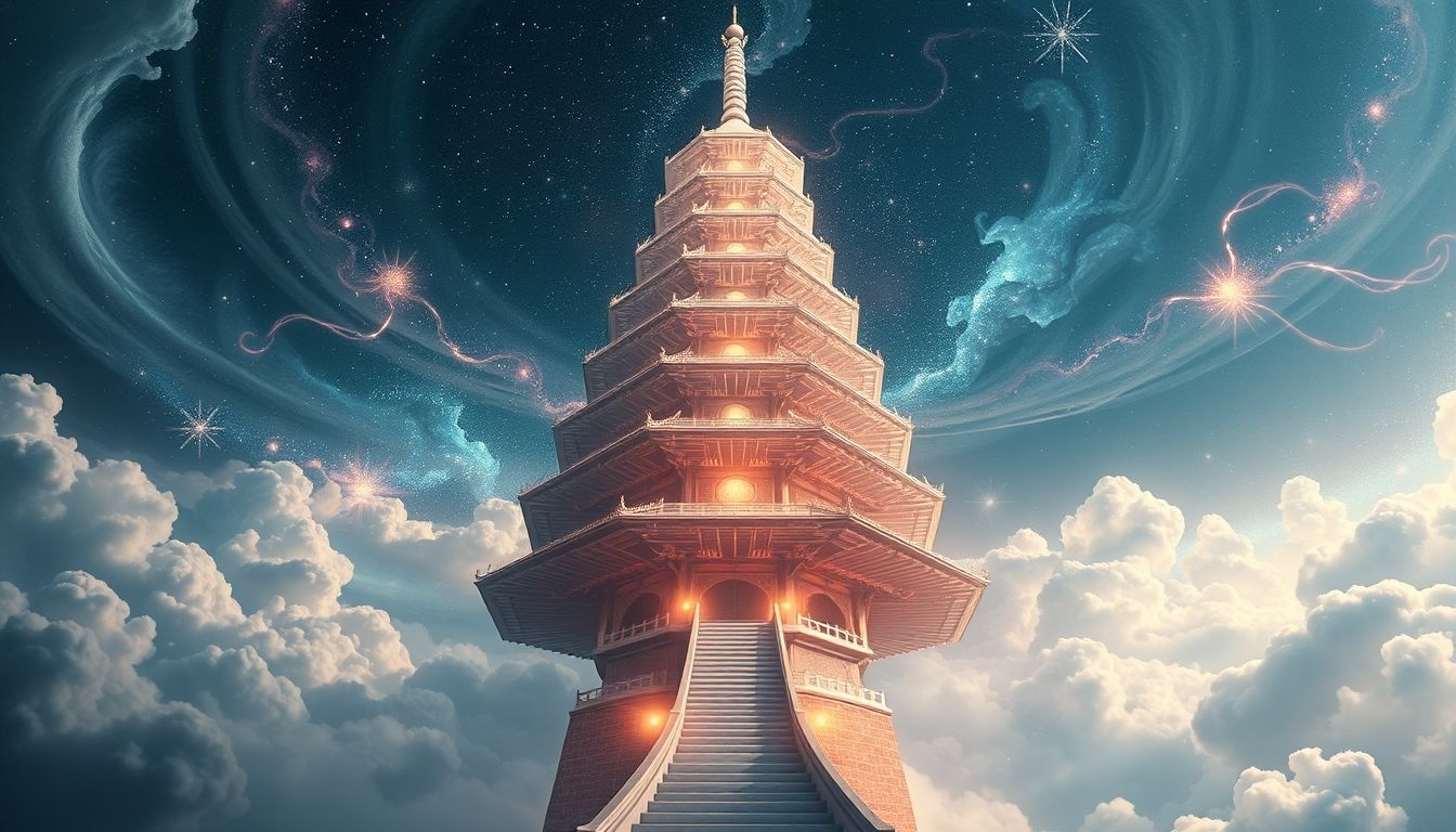 Een hoge pagode symboliseert spirituele groei en innerlijke wijsheid.