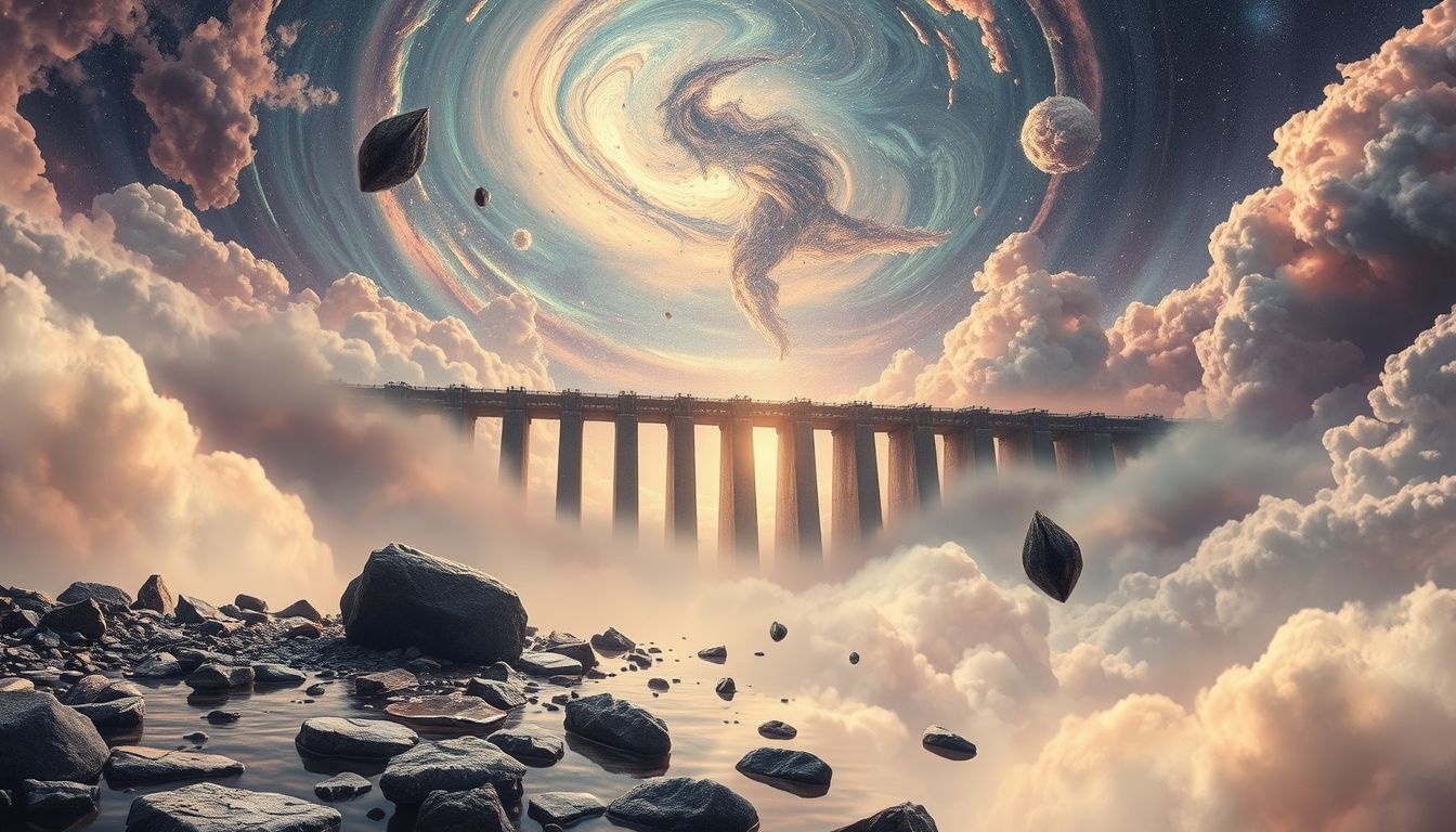 Een vervallen dam symboliseert onderdrukte emoties en dreigend verlies.