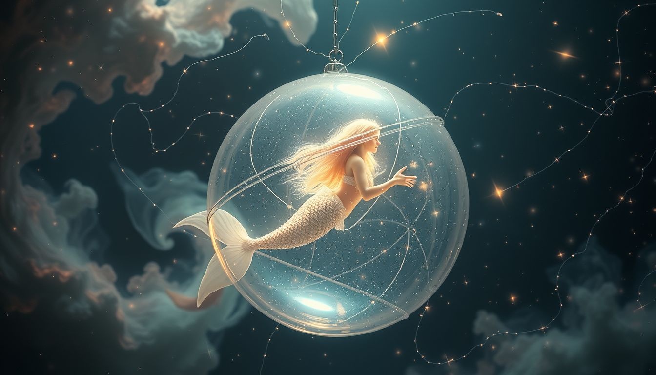 Een sirene gevangen in een aquarium symboliseert ingehouden verlangens.