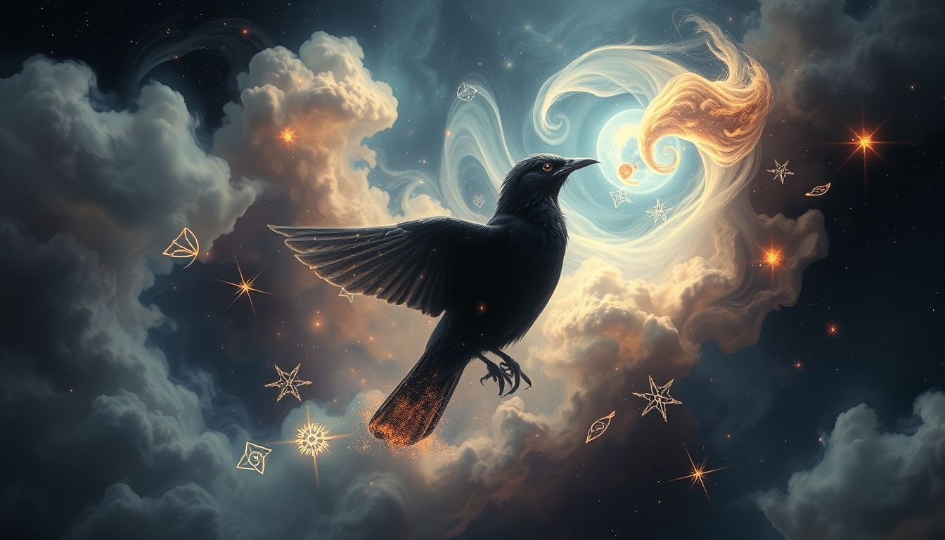 Een kauw in een storm symboliseert innerlijke strijd en kracht.