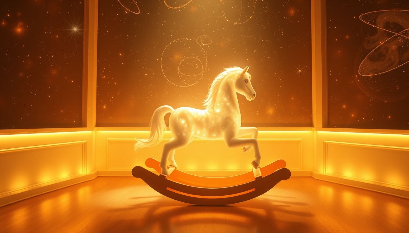 Een schommelpaard in fel licht symboliseert verloren jeugdherinneringen.