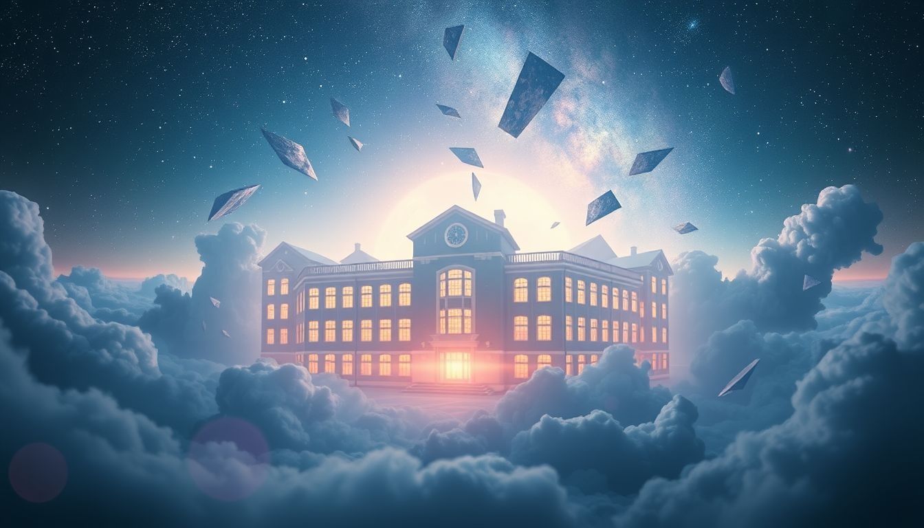 Een veranderend schoolgebouw symboliseert groei en nieuwe leerervaringen.