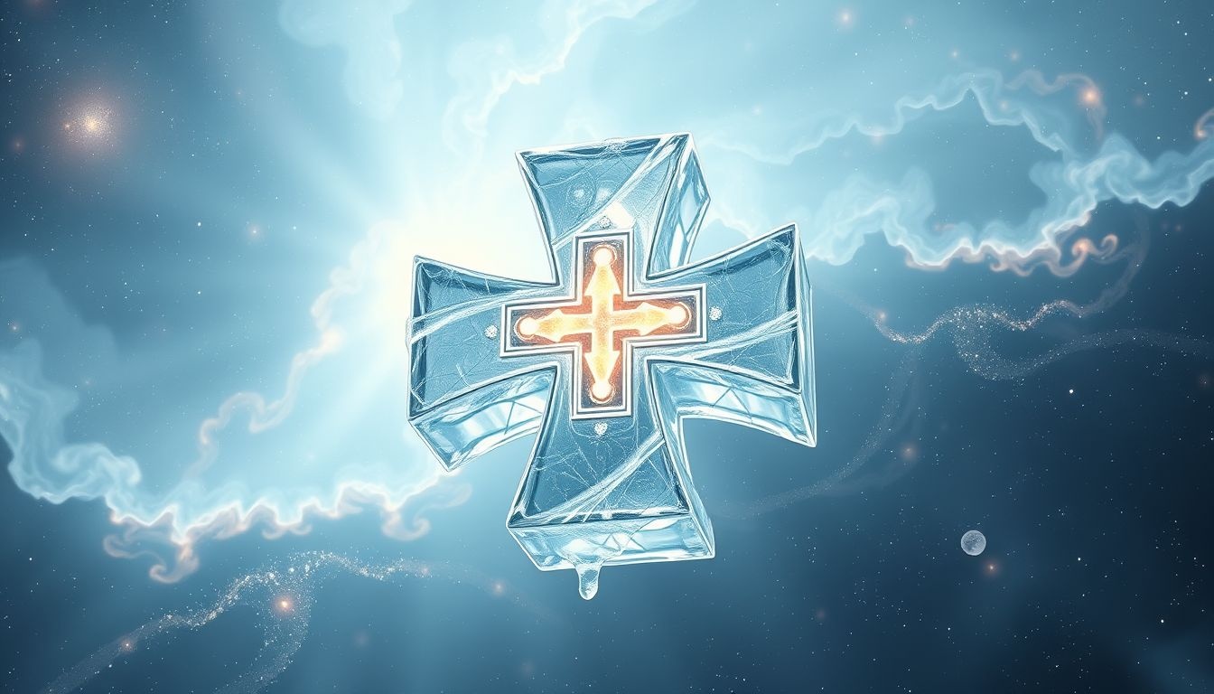 Een IJzeren Kruis van ijs symboliseert vergankelijke kracht in dromen.