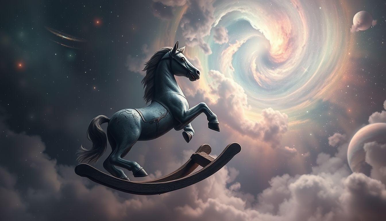 Een oud schommelpaard symboliseert verlangens naar jeugdige onschuld.