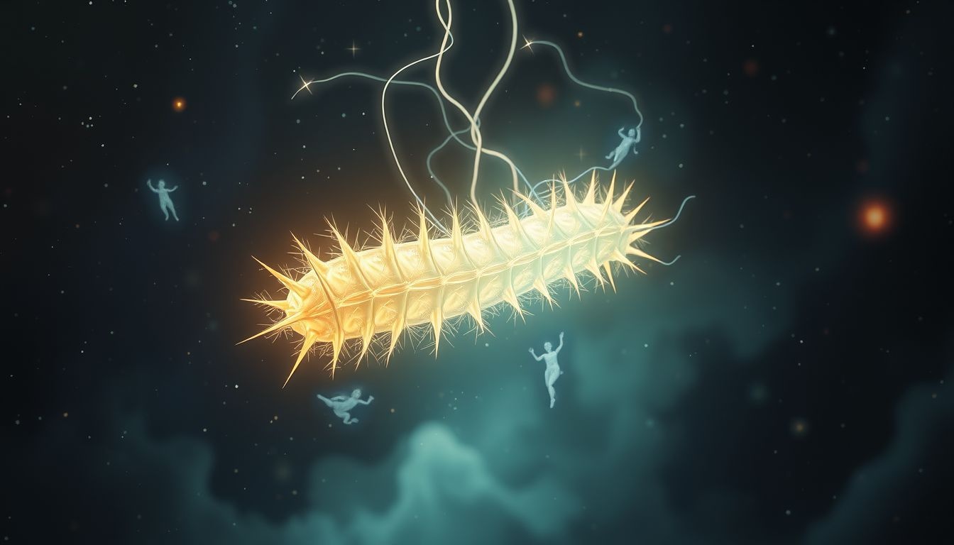 Een rups met doornen symboliseert verlammende angsten en innerlijke groei.