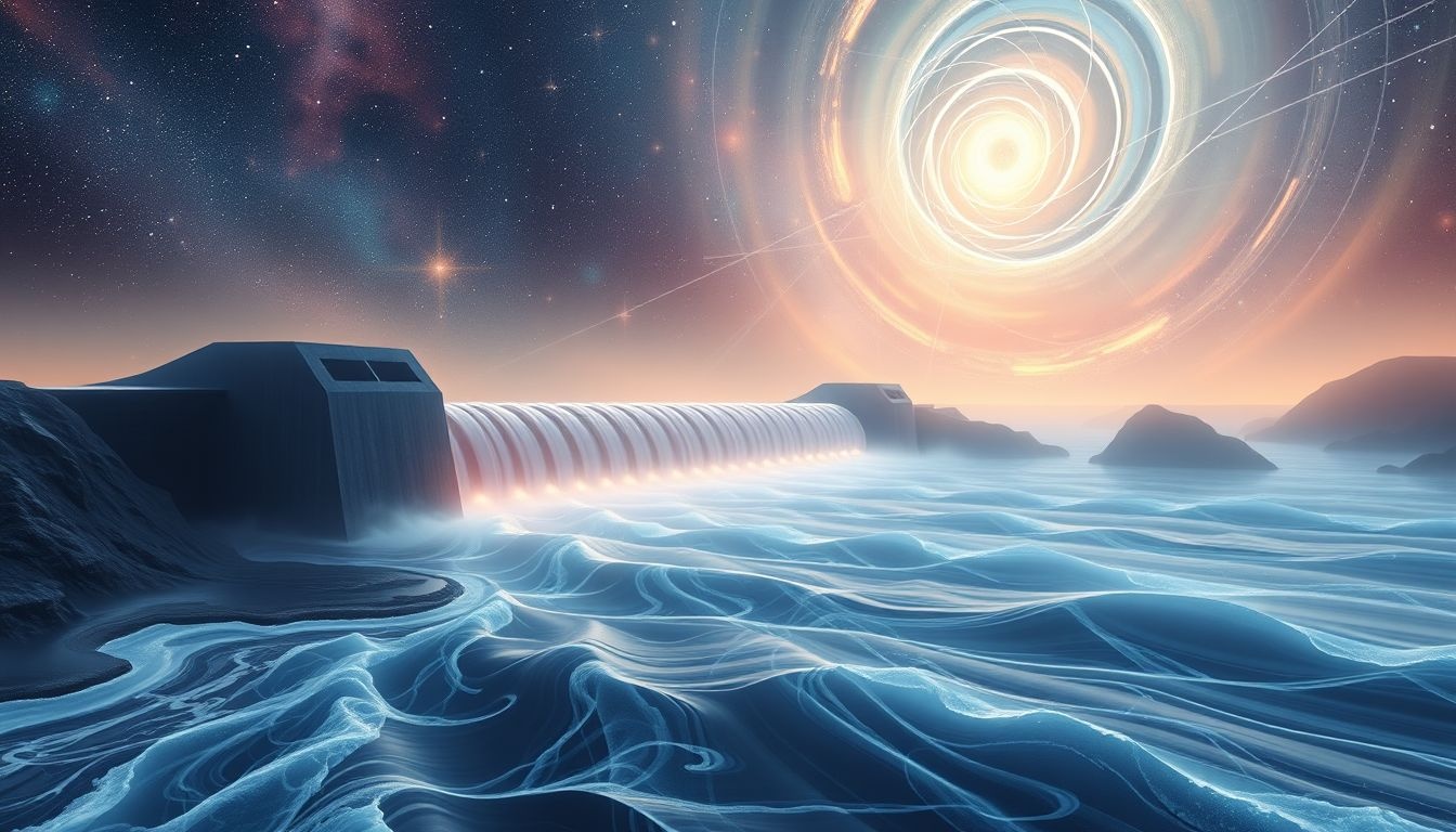 Een moderne molendam symboliseert balans tussen natuur en technologie.