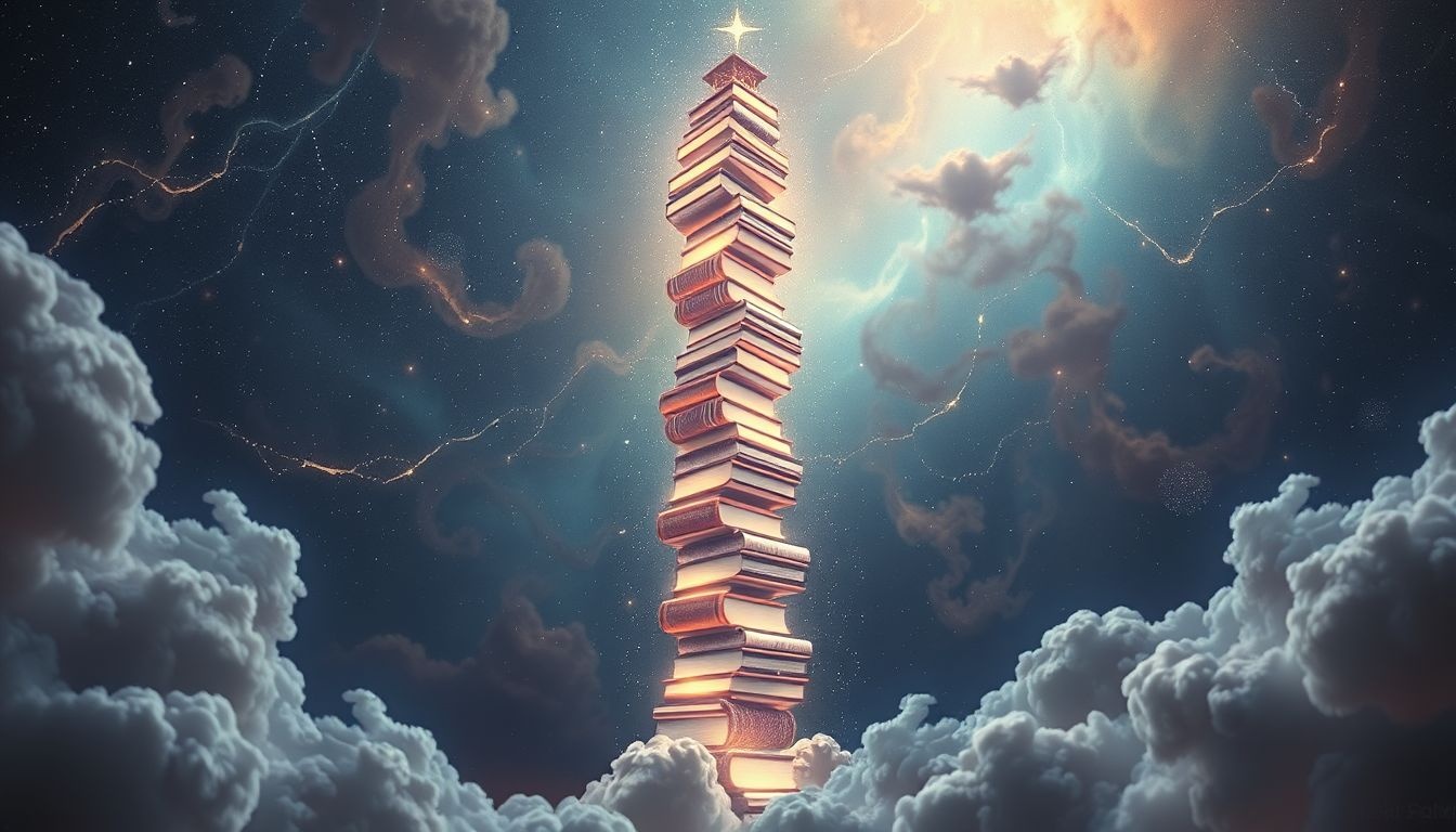 Een toren van boeken symboliseert stap voor stap groei van wijsheid.