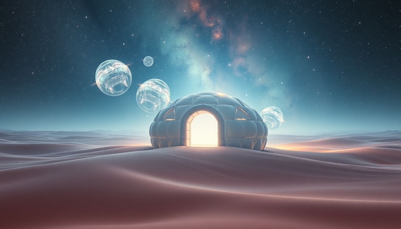 Een iglo in de woestijn symboliseert zoektocht naar koelte en rust.