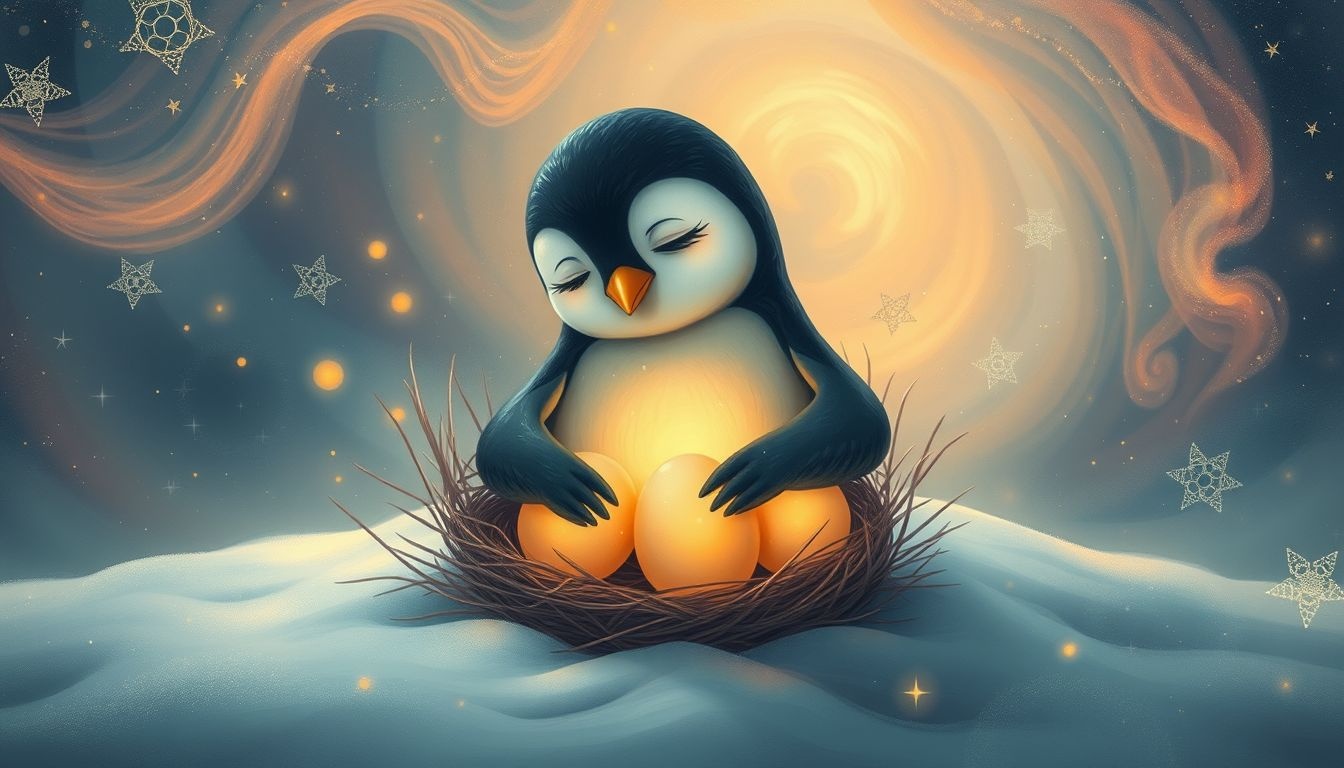 Een pinguïn die eieren uitbroedt symboliseert zorg en bescherming.