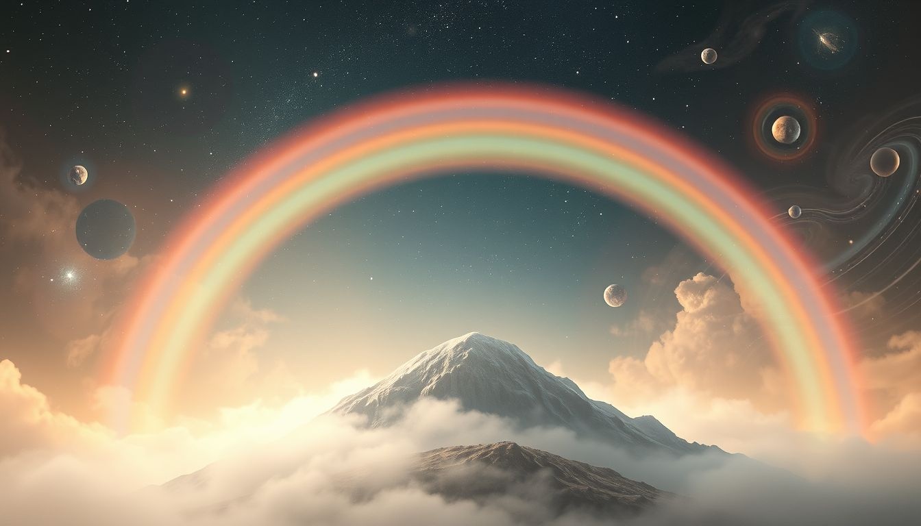 Een regenboog boven Golgotha symboliseert hoop na lijden.