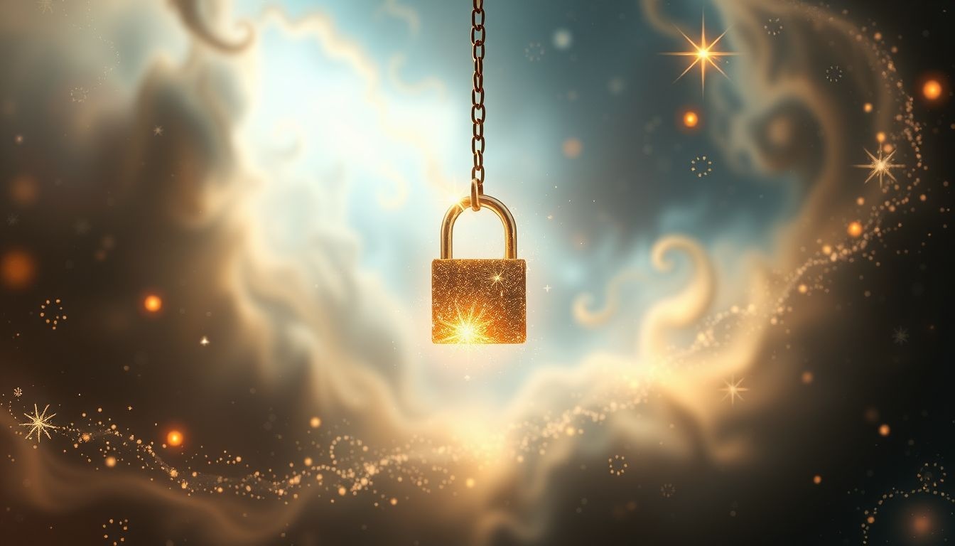 Een slot aan een ketting symboliseert gebondenheid aan eigen beperkingen.