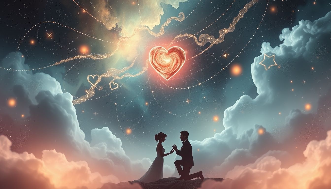 Een aanzoek in een droomlandschap symboliseert verlangen naar nieuw begin.