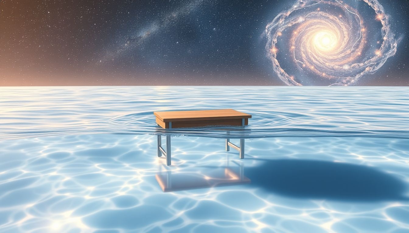 Een schoolbank omringd door water symboliseert emotionele overstroming.