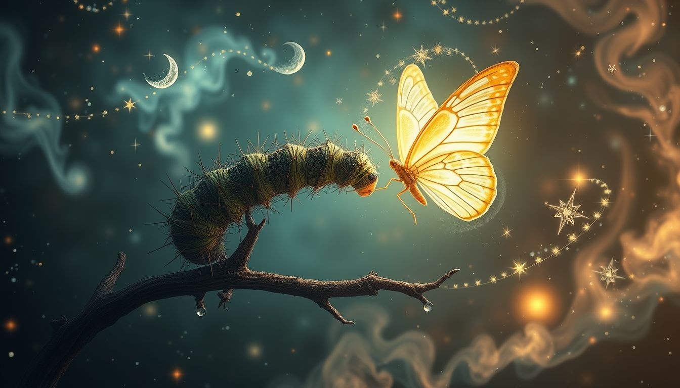 Een doornenrups symboliseert transformatie door pijnlijke groei.