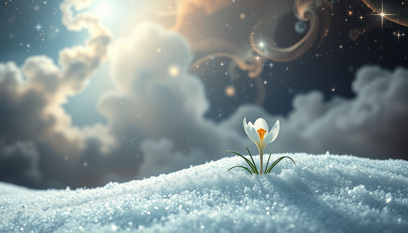 Een enkele krokus in sneeuw symboliseert hoop en nieuw begin.