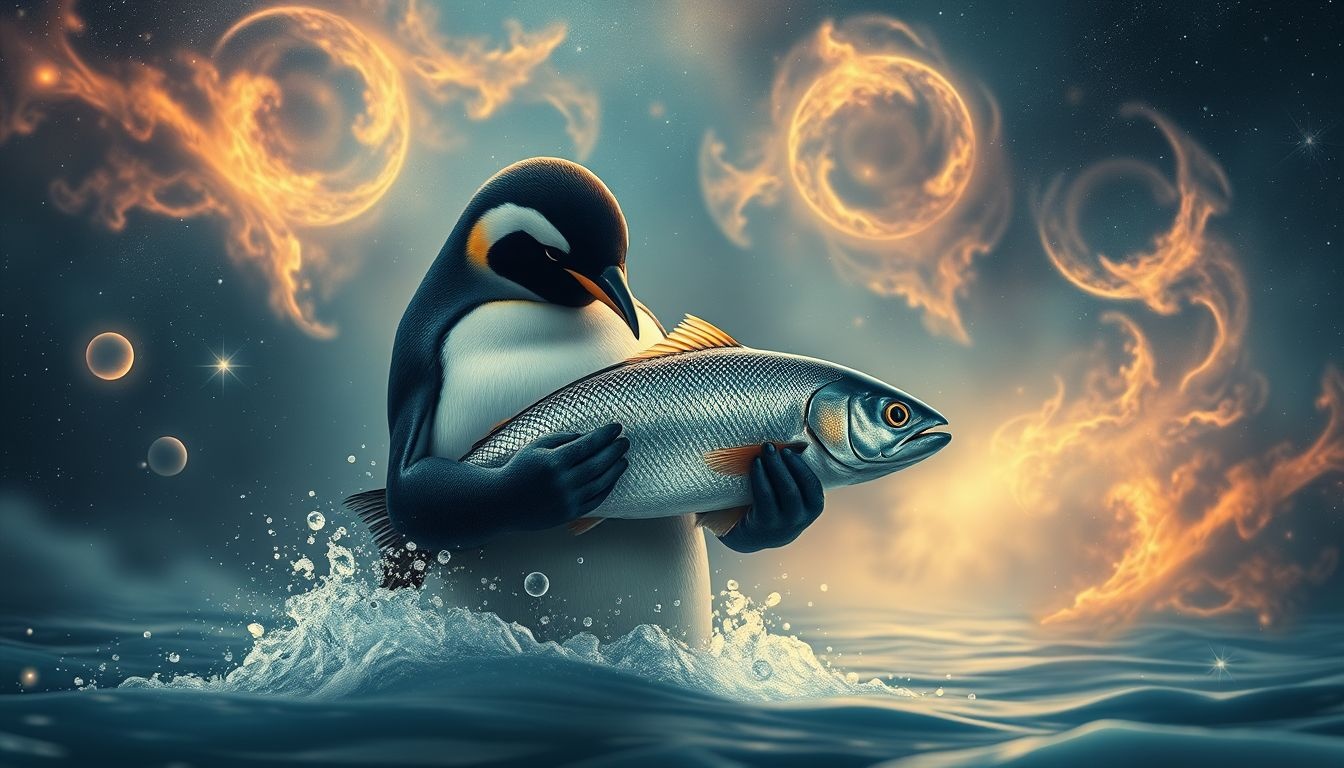 Een pinguïn die een vis vangt symboliseert succesvolle intuïtieve inzichten.