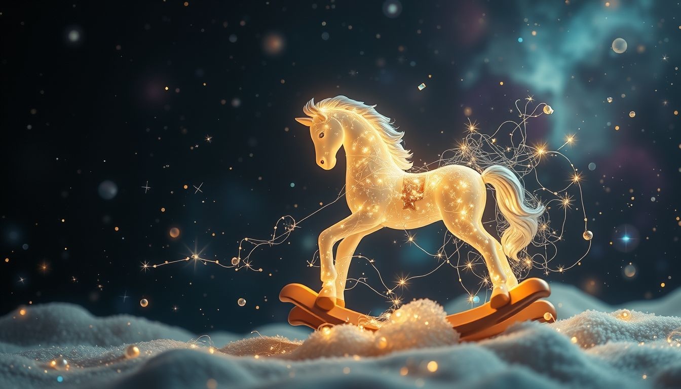 Een gerepareerd schommelpaard symboliseert herstel van verloren kindertijd.