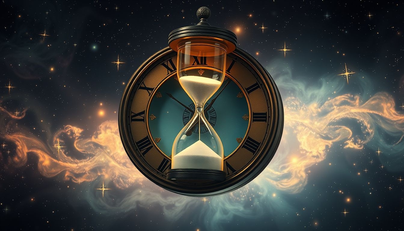 Een zandloper in een oude klok symboliseert tijdsverloop en vergankelijkheid.
