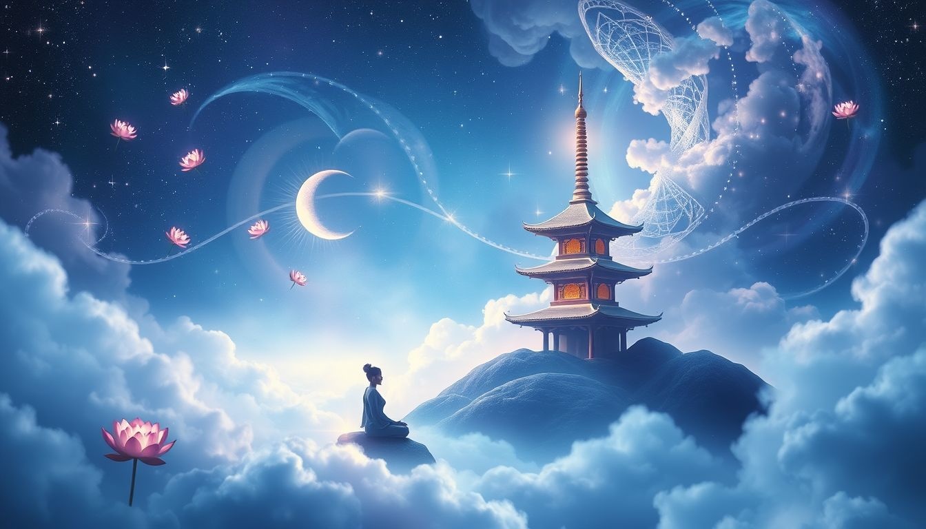 Mediteren bij een pagode symboliseert innerlijke rust en spirituele groei.