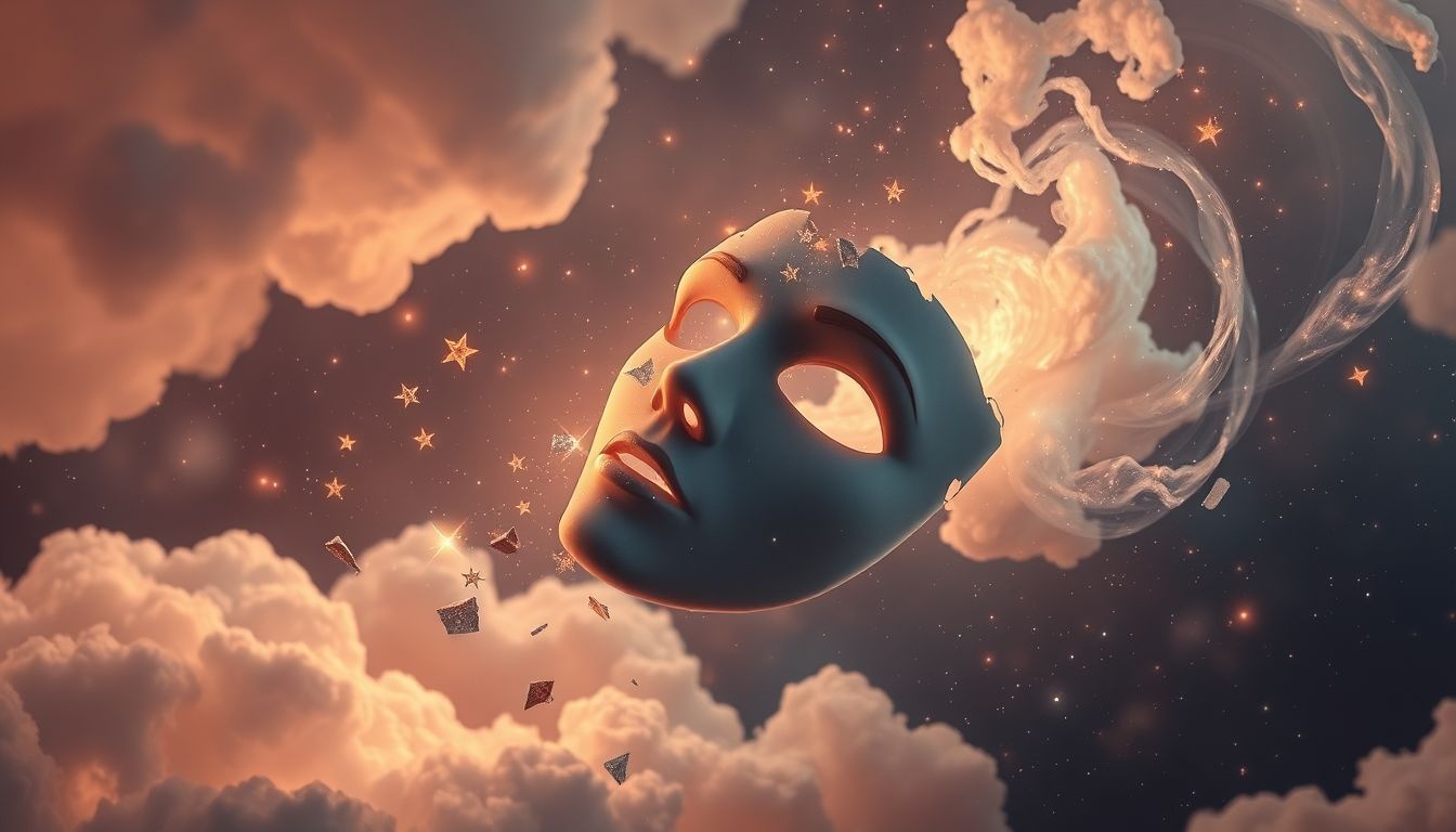 Een gescheurd masker symboliseert het onthullen van verborgen emoties.