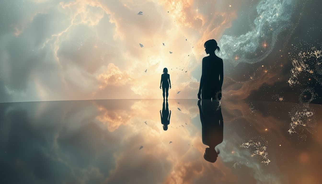 Een achterstevoren spiegelbeeld weerspiegelt innerlijke onzekerheid en twijfel.