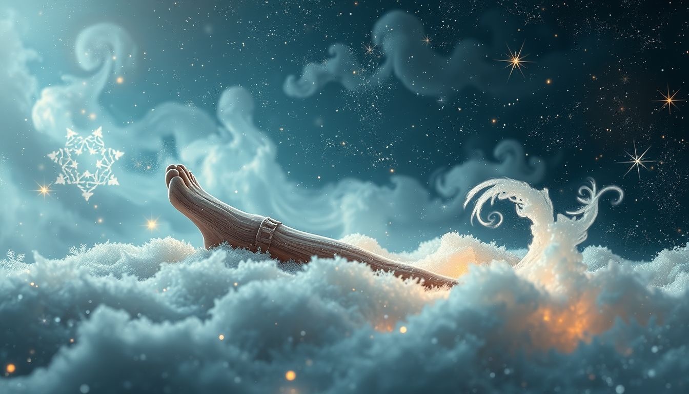 Dromen over een houten been in sneeuw symboliseert verloren stabiliteit en kwetsbaarheid.