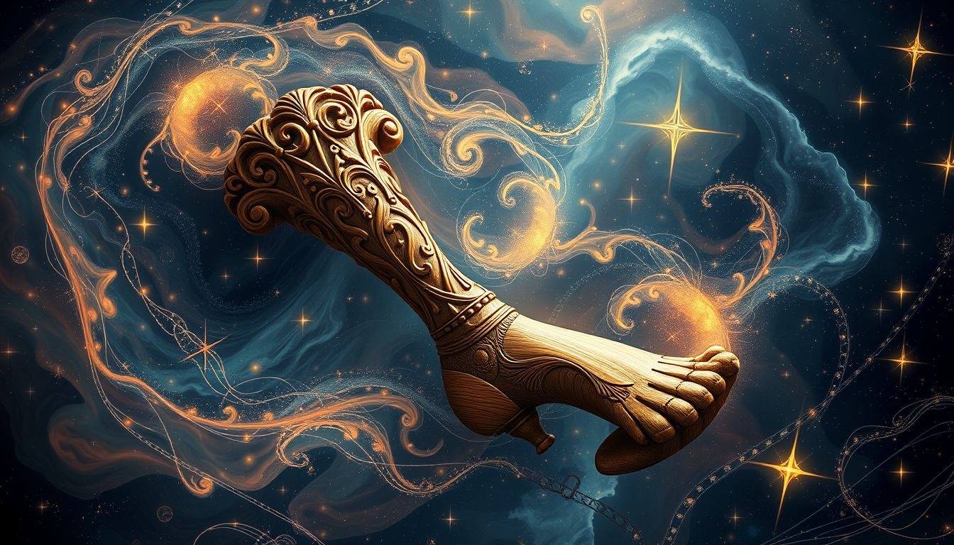 Dromen over een houtsnijwerk houten been symboliseert creatieve veerkracht.