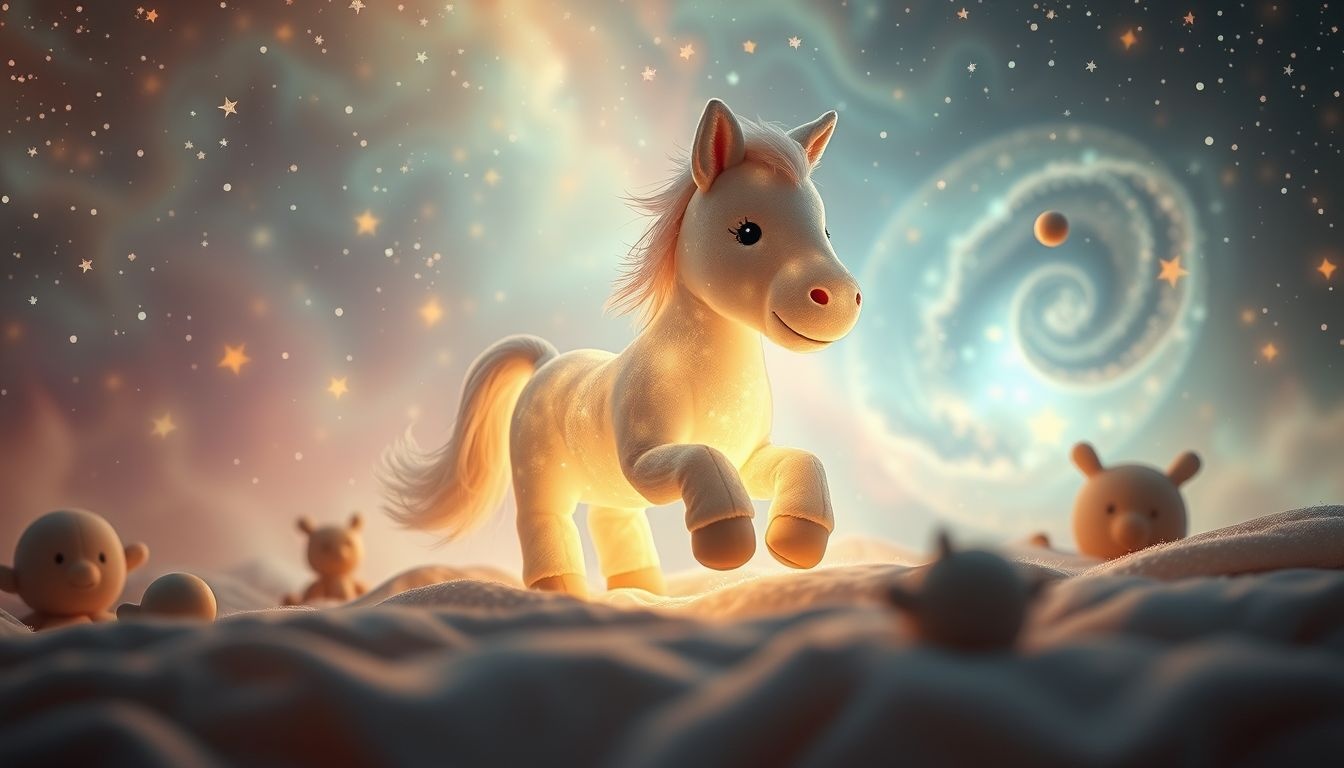 Een knuffelpaard in kinderkamer symboliseert onschuld en geborgenheid.