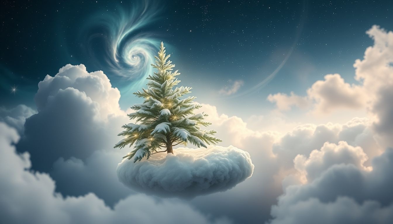 Een spar bedekt met sneeuw symboliseert stilte en vernieuwing.