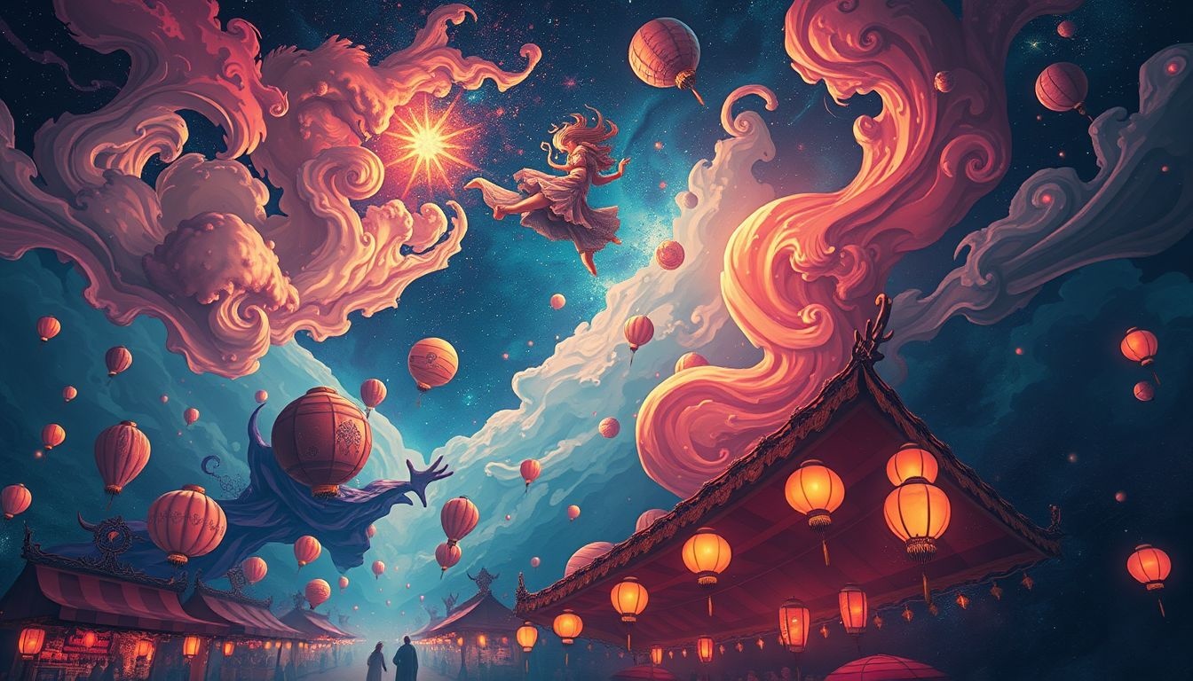 Vliegen boven carnavalmarkt symboliseert vrijheid en nieuwe perspectieven.