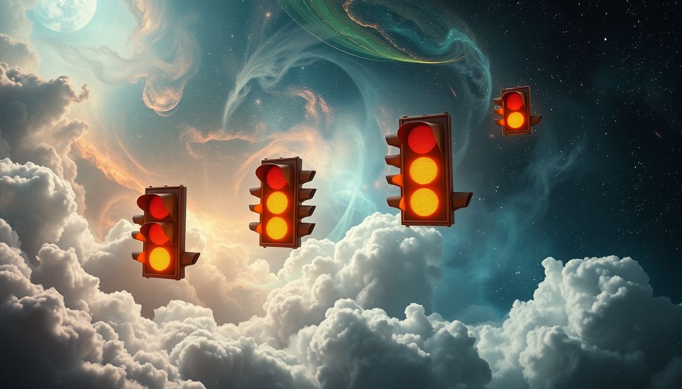 Dromen over meerdere verkeerslichten symboliseren conflicterende levenskeuzes en onzekerheid.