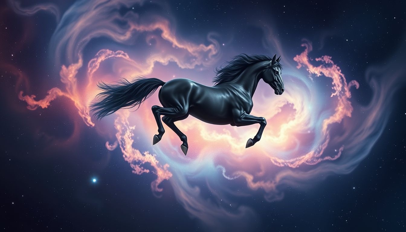 Een zwart paard dat vliegt symboliseert vrijheid en onbegrensde kracht.