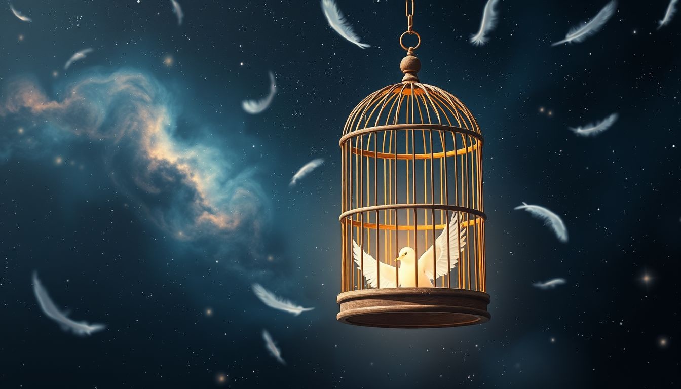 Een houten vogelkooi symboliseert vrijheid die gevangen wordt gehouden.