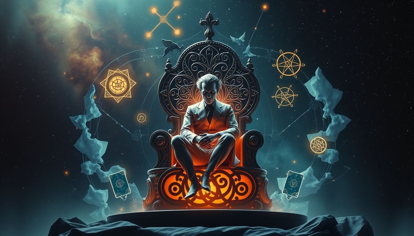 Een joker op een troon symboliseert onverwachte macht en controle.