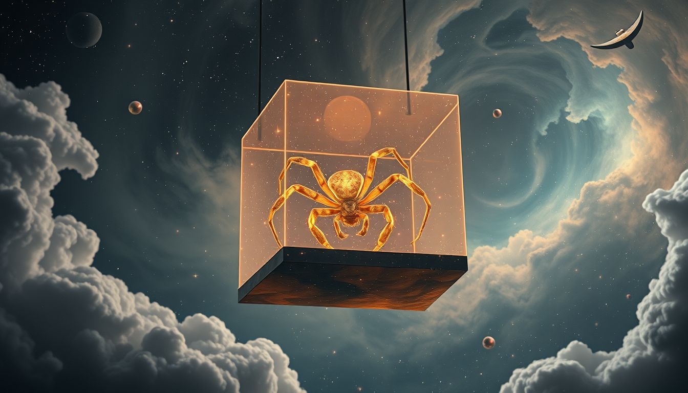 Een giftige spin in een doos symboliseert verborgen angst of bedreiging.