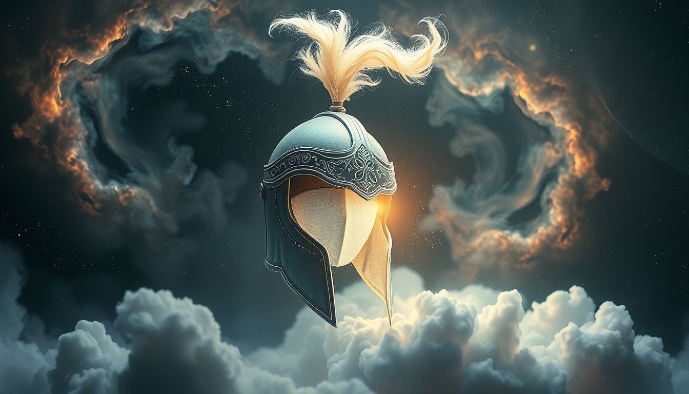 Een beschadigde helm met pluim symboliseert overwonnen innerlijke strijd.