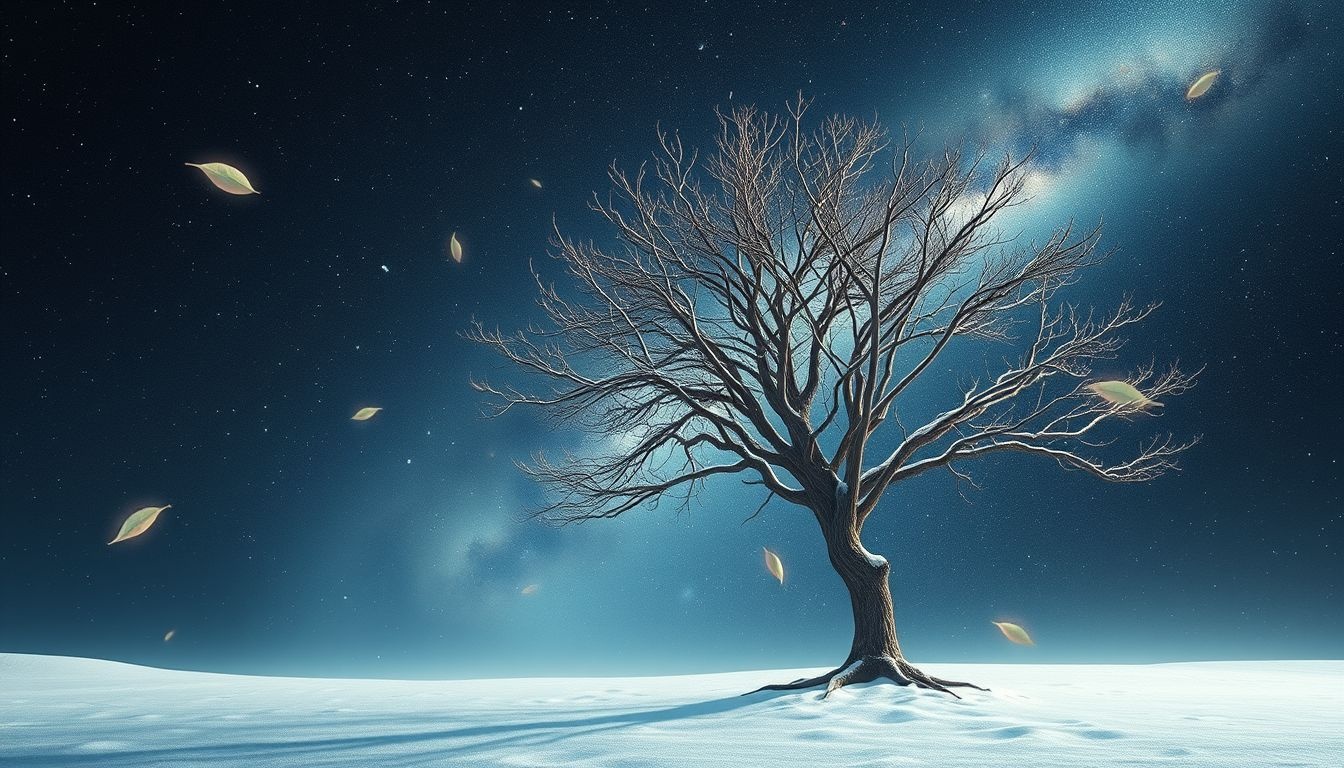 Een loofboom in de winter symboliseert rust en innerlijke reflectie.