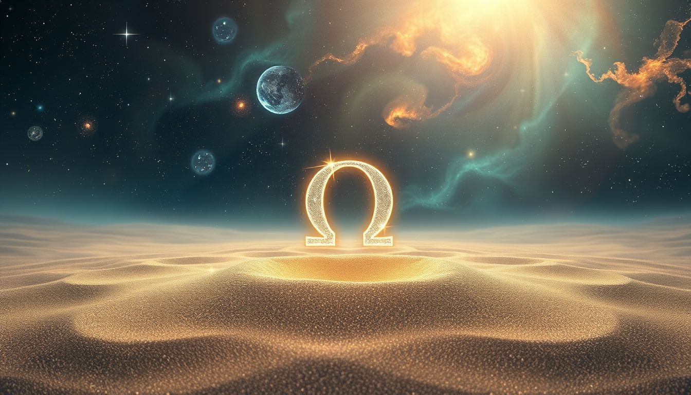 Een omega-teken in het zand symboliseert levenscycli en afsluiting.