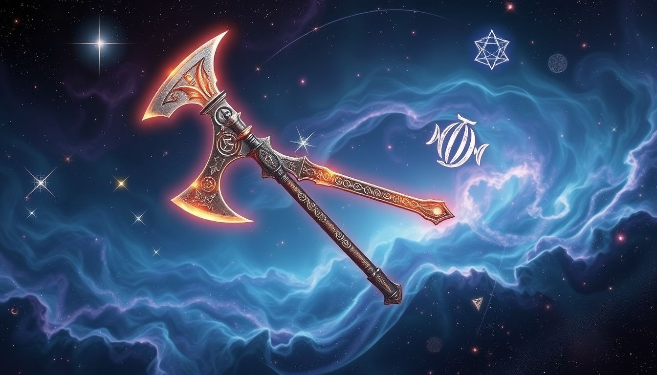 Een oorlogsbijl met runen symboliseert kracht en beschermende magie.