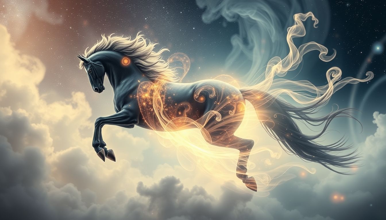 Een zwart paard dat verandert, symboliseert innerlijke transformatie en groei.