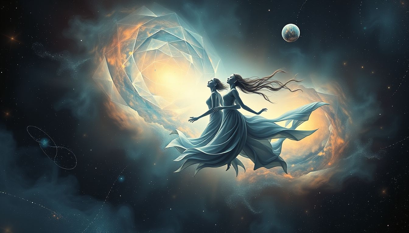 Een team van drie symboliseert harmonie en krachtige samenwerking in ruimte.