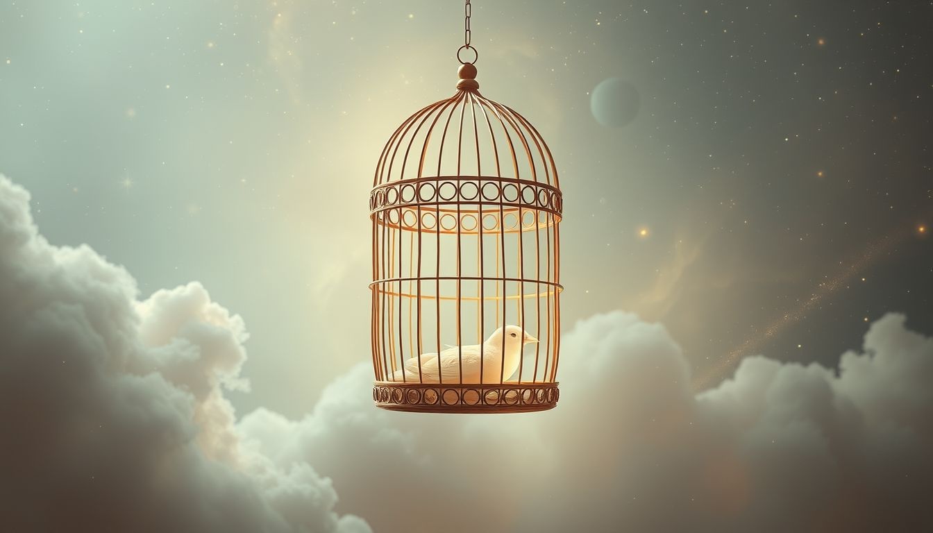 Een vogelkooi zonder water symboliseert emotionele verwaarlozing en leegte.