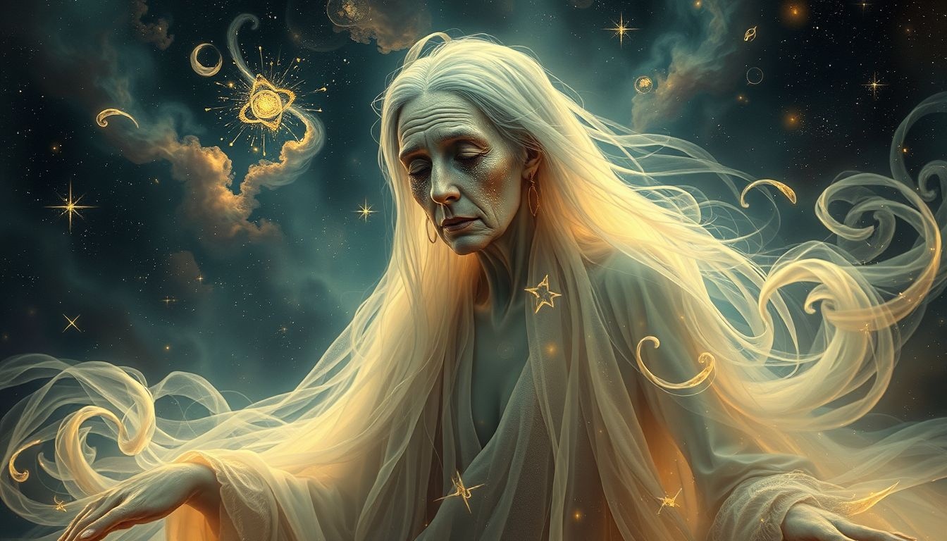 Een huilende oude heks symboliseert verborgen verdriet en mysterie.